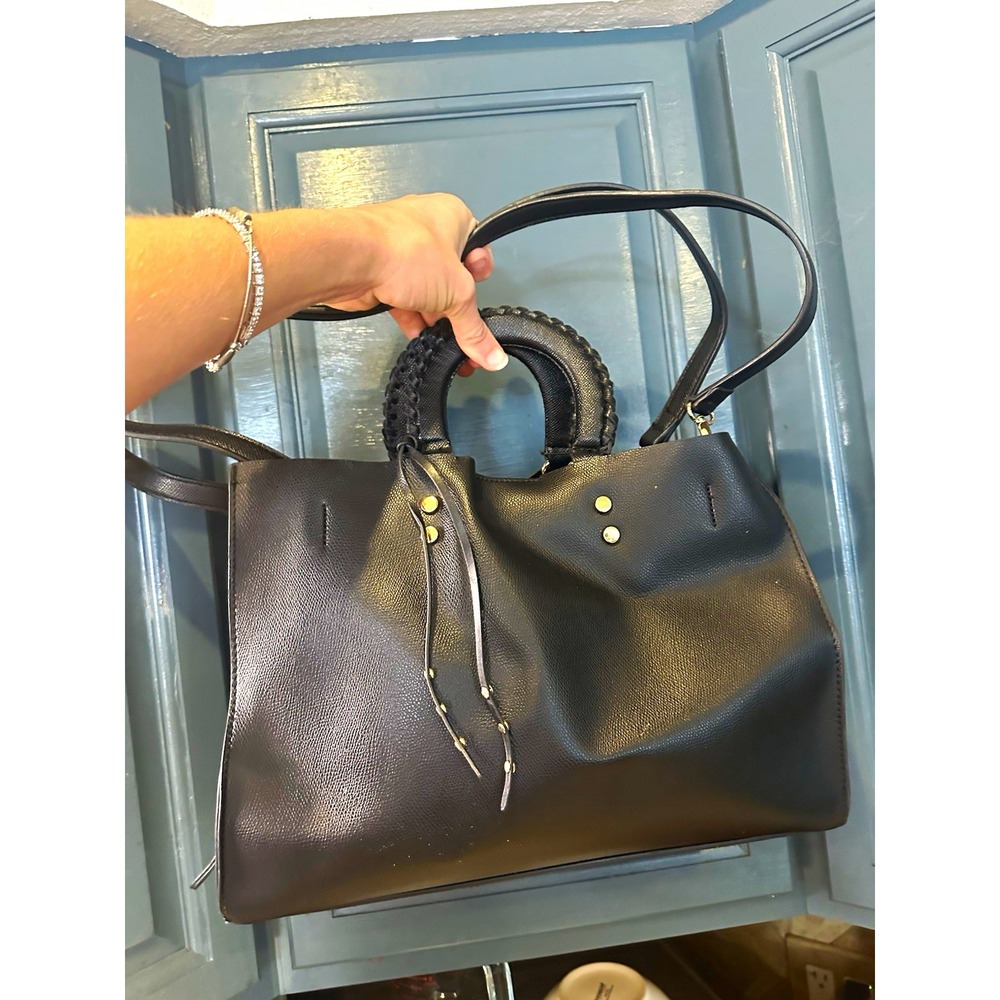 Tabitha Webb Black Pebbled Top Handle Satchel Bag Zip Closure Gold Hardware